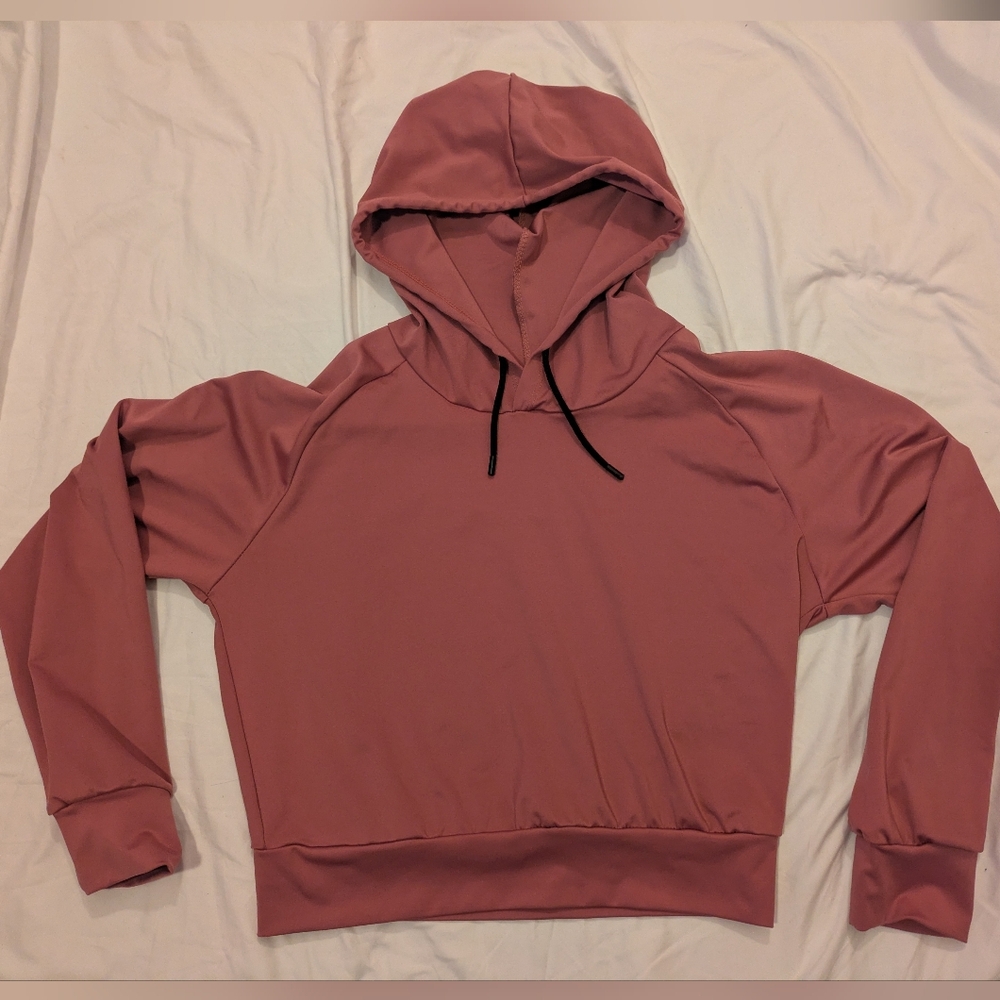 Pink Cropped Hoodie with Black Drawstrings